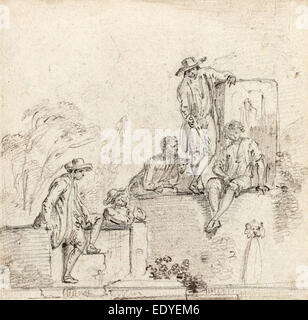 Jean-Baptiste Lallemand (Français, 1716 - c. Les chiffres de 1803), assis autour d'une fontaine, ch. 1755, craie noire sur papier vergé Banque D'Images