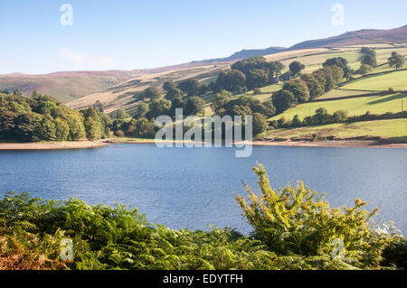 Vue sur Ladybower reservoir au sommet des collines de Derwent teinté violet edge dans le Peak District, Derbyshire. Banque D'Images