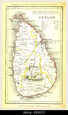 La carte de Ceylan, le Sri Lanka, la gravure du xixe siècle Banque D'Images