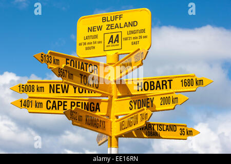 Panneau à distance à Stirling Point dans Bluff, en Nouvelle-Zélande. Ville la plus au sud de la Nouvelle-Zélande. Fin de la route 1. Banque D'Images