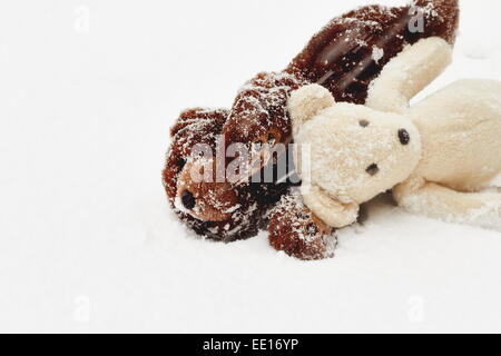 L'ours en peluche brun et blanc ours en peluche portant sur la masse dans une tempête de neige Banque D'Images