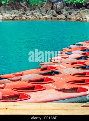 Kayaks colorés en jaune et rouge sur fond de l'eau de mer turquoise Banque D'Images