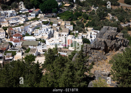Asklipio - vue sur ville de castle ruins Banque D'Images