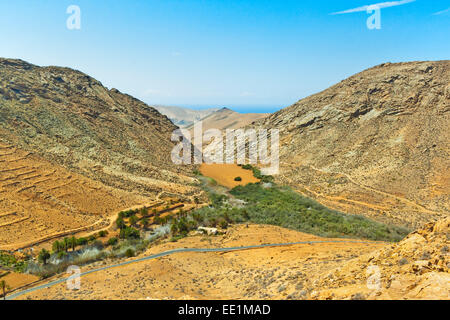 Penitas ravin avec barrage et lac, Vega de Rio Palmas, Fuerteventura, Îles Canaries, Espagne Banque D'Images