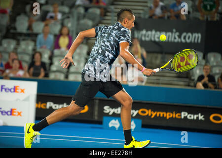 Sydney, Australie. 13 Jan, 2015. Nick Kyrgios d'Australie jouant son premier match à l'APIA Sydney International. Crédit : Tony Bowler/thats mon pic/Alamy Live News Banque D'Images