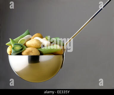 Soupe de Poireaux et pommes de terre ingrédients dans une grande casserole Banque D'Images