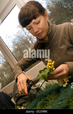 Femme prenant part à un atelier de fabrication de couronnes de Noël, Witley, UK. Banque D'Images