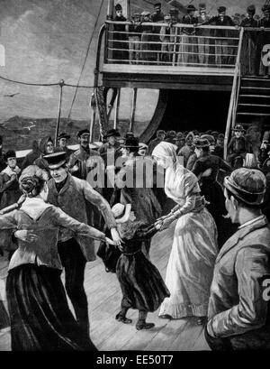 Une danse en classe sur l'entrepont du navire d'émigrants, gravure, 1891 Banque D'Images