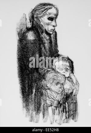 Dimensions de la mère avec les enfants, par Kathe Kollwitz (1867-1945), en allemand magazine hebdomadaire, Simplicissimus, 1924 Banque D'Images