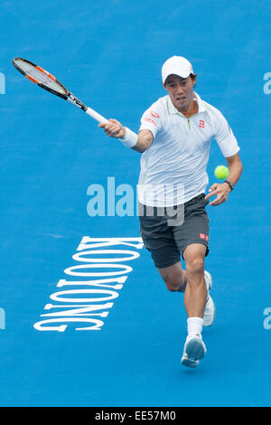 Melbourne, Australie. 14 Jan, 2015. Kei Nishikori (JPN) en action au jour 2 de la 2015 Kooyong Classic tournoi au Kooyong Lawn Tennis Club à Melbourne, Australie. Bas Sydney/Cal Sport Media/Alamy Live News Banque D'Images