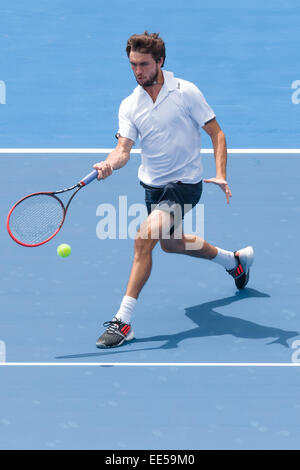 Melbourne, Australie. 14 Jan, 2015. Gilles Simon (FRA) en action au jour 2 de la 2015 Kooyong Classic tournoi au Kooyong Lawn Tennis Club à Melbourne, Australie. Bas Sydney/Cal Sport Media/Alamy Live News Banque D'Images