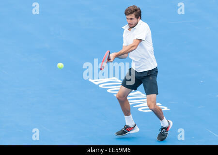 Melbourne, Australie. 14 Jan, 2015. Gilles Simon (FRA) en action au jour 2 de la 2015 Kooyong Classic tournoi au Kooyong Lawn Tennis Club à Melbourne, Australie. Bas Sydney/Cal Sport Media/Alamy Live News Banque D'Images