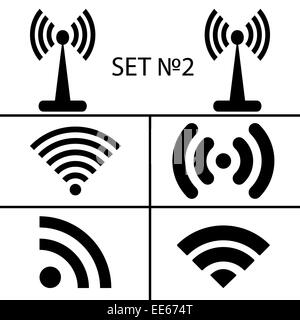 Set 2. Sans fil noire et quatorze différents icônes wifi pour l'accès à distance La communication par ondes radio. Illustration vecteur EPS10 Banque D'Images