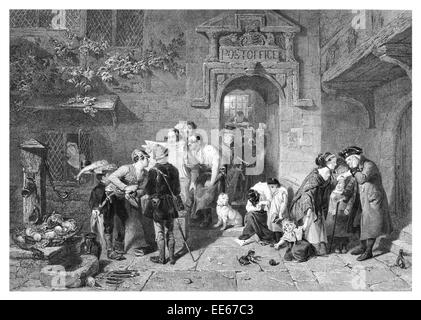 Le bureau de poste Fred Goodhall mail livraison de colis postale costume courtyard reading newspaper pompe à eau pet dog Banque D'Images