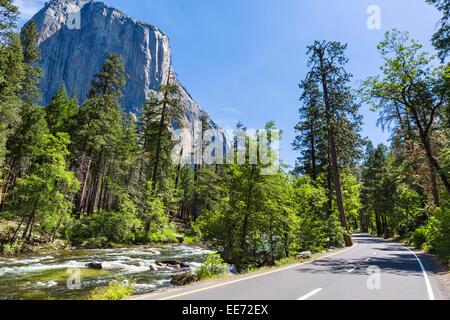 Merced et El Capitan de Southside Drive dans la vallée Yosemite, Yosemite National Park, la Sierra Nevada, Californie, USA Banque D'Images