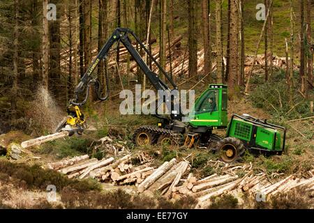 John Deere 1270D Harvester dans une forêt de bois d'abattage dans l'ouest de l'Écosse. Un exemple de machines pour la récolte de bois résineux. Banque D'Images