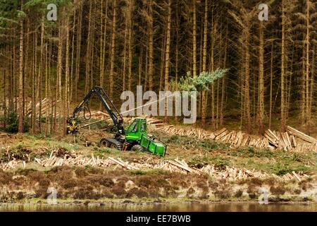 John Deere 1270D Harvester dans une forêt de bois d'abattage dans l'ouest de l'Écosse. Un exemple de machines pour la récolte de bois résineux. Banque D'Images