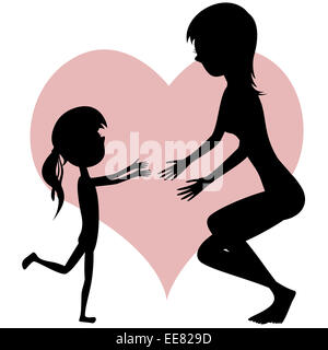 Hug votre maman ! De style cartoon silhouettes avec une petite fille en maillot de bain est en marche vers sa mère pour une accolade . Banque D'Images