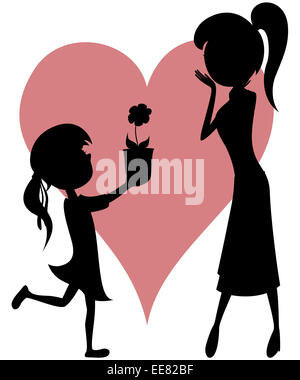 Maman surprise ! L'art de style cartoon avec silhouettes noires d'une jeune fille donnant une fleur à sa mère. Banque D'Images