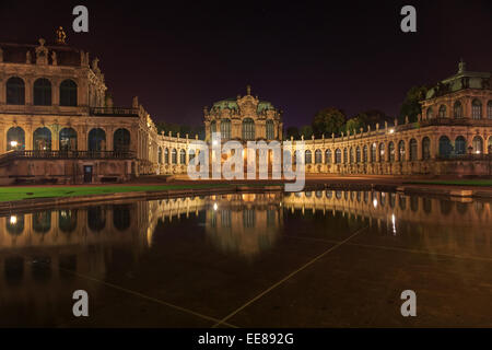 Dresde Zwinger panorama à l'allumage dans la nuit et de l'eau reflet, Allemagne Banque D'Images