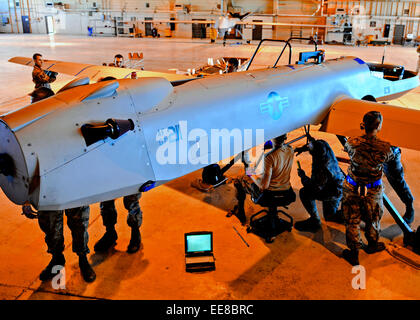 Aviateurs de la 849th Escadron de maintenance des aéronefs démonter un MQ-1 Predator de départ pour aider à l'opération Réponse unifiée à la suite du séisme de 2010 à Haïti. Voir la description pour plus d'informations. Banque D'Images