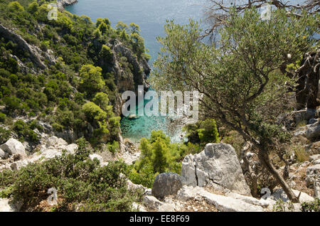 Les falaises de la côte sud et de pins, à l'angle près de Drakontoschisma, Skopelos, l''île grecque. Octobre. Banque D'Images