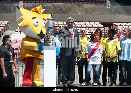 Santiago, Chili. 14 Jan, 2015. Présentation du trophée de la Copa America 2015 Le Chili est tenue au stade national de Santiago, capitale du Chili, le 14 janvier, 2015. Le trophée la visite aura 11 villes où la Copa America aura lieu. La 44e Copa America aura lieu au Chili du 11 juin au 4 juillet 2015, selon la presse locale. © Jorge Villegas/Xinhua/Alamy Live News Banque D'Images