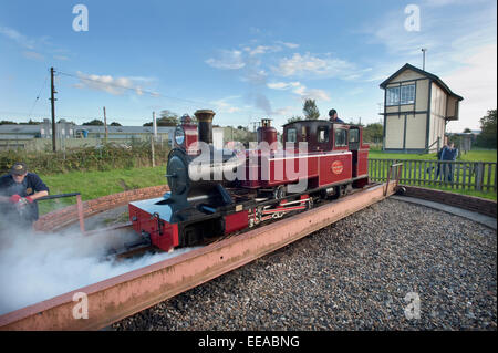 Photo par Roger Bamber : 05 Octobre 2014 : Le pilote utilise ses injecteurs à quitter la Couronne à Wroxham gare terminus dans son 15-Inch narrow gauge steam locomotive 'Marche Timothy' avant de terminer sa ronde sur le train du chemin de fer de la vallée de Bure pour revenir à Aylsham sur les 9 miles entre Aylsham et Wroxham, près de Norwich, Norfolk. Derrière est le réseau géant Wroxham ferroviaire ligne Signalbox principal. Banque D'Images