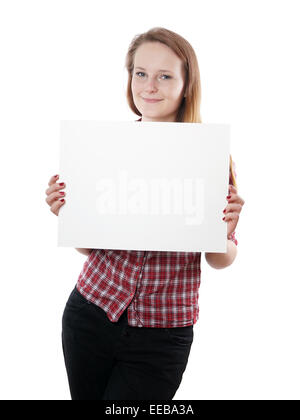 Young woman holding sign Banque D'Images