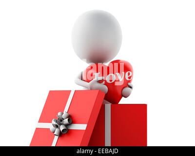 3d illustration. personne blanche en amour avec cœur rouge. Valentines Day concept, isolé sur fond blanc. Banque D'Images
