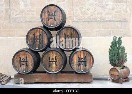 Sol en bois des tonneaux de vin en dehors de la Bogeda R. Lopez de Heredia Haro Rioja Espagne Banque D'Images