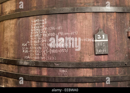 Marquage à la craie la gravité spécifique sur un tonneau de vin pour afficher les niveaux de fermentation à la Bodega R. Lopez de Heredia Rioja Espagne Banque D'Images