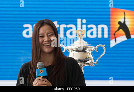 Melbourne, Australie. 16 janvier, 2015. Ancienne joueuse de tennis chinoise Li Na assiste à la cérémonie du tirage officiel 2015 Open de tennis d'Australie à Melbourne Park, Melbourne, Australie, le 16 janvier 2015. Credit : Bai Xue/Xinhua/Alamy Live News Banque D'Images