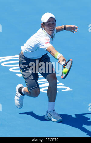 Melbourne, Australie. 16 janvier, 2015. Kei Nishikori (JPN) en action contre Richard Gasquet (FRA) au jour 4 de la 2015 Kooyong Classic tournoi au Kooyong Lawn Tennis Club à Melbourne, Australie. Bas Sydney/Cal Sport Media. Gasquet def Nishikori 7-6 7-6 Crédit : Cal Sport Media/Alamy Live News Banque D'Images