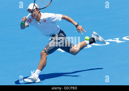 Melbourne, Australie. 16 janvier, 2015. Kei Nishikori (JPN) en action contre Richard Gasquet (FRA) au jour 4 de la 2015 Kooyong Classic tournoi au Kooyong Lawn Tennis Club à Melbourne, Australie. Bas Sydney/Cal Sport Media. Gasquet def Nishikori 7-6 7-6 Crédit : Cal Sport Media/Alamy Live News Banque D'Images