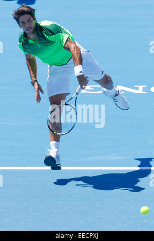 Melbourne, Australie. 16 janvier, 2015. Fernando Verdasco (ESP) en action contre Alex Dolgopolov (UKR) au jour 4 de la 2015 Kooyong Classic tournoi au Kooyong Lawn Tennis Club à Melbourne, Australie. Bas Sydney/Cal Sport Media. Dolgopolov confisqués par Verdasco après un jeu. Credit : Cal Sport Media/Alamy Live News Banque D'Images