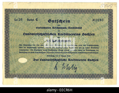 Certificat d'action historique, vieux, bon, avant 85 Reichsmark, Saxe, Allemagne, 1930, Banque D'Images