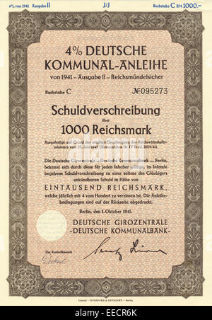 Historische Aktie, 4 %ige Deutsche Kommunal-Anleihe über 1000 Reichsmark, Schuldverschreibung, 1941, Deutschland, Europa Banque D'Images