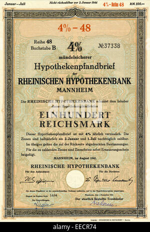 Historische Aktie, 4 %iger Hypotheken-Pfandbrief der Rheinischen Hypothekenbank Mannheim über 100 Reichsmark, 1941, Deutschland, Banque D'Images