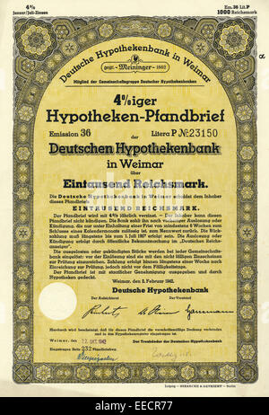 Historische Aktie, 4 %iger Hypotheken-Pfandbrief der Deutschen Hypothekenbank à Weimar de 1000 Reichsmark, 1942, Deutschland, Banque D'Images