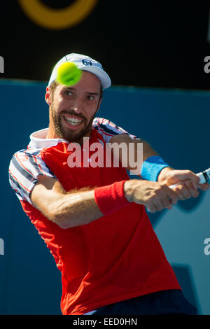 Mikhail Kukushkin Sydney, Australie. 16 janvier, 2015. Mikhail Kukushkin du Kazakhstan jouant les demi-finales contre Leonardo Mayer de l'Argentine à la Sydney International d'APIA. Crédit : Tony Bowler/thats mon pic/Alamy Live News Banque D'Images