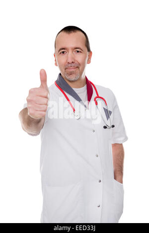 Médecin homme montre l'énergie et de succès, isolated on white Banque D'Images