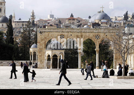 Jérusalem, Jérusalem, territoire palestinien. 16 janvier, 2015. Fidèles palestiniens prendre part à la prière du vendredi à l'extérieur du Dôme du Rocher à la mosquée Al-Aqsa, dans la vieille ville de Jérusalem, le 16 janvier 2015 © Muammar Awad/APA/Images/fil ZUMA Alamy Live News Banque D'Images