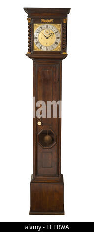 Grand-père/horloge de grand-mère, avec chiffres romains et bois cordé avec colonnes colonne corinthienne caps. Banque D'Images