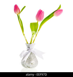 Plusieurs tulipes en argent vase isolé sur fond blanc Banque D'Images