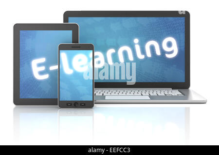Smartphone, tablette et ordinateur portable avec E-learning, texte 3D render Banque D'Images