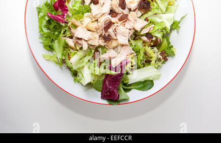 Salade de poulet aux tomates et au raisin blanc dans un bol. Plus isolé sur fond blanc Banque D'Images