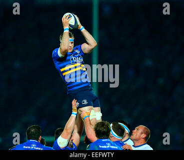 Dublin, Irlande. 17 Jan, 2015. European Rugby Champions Cup. Leinster contre Castres. Jamie Heaslip (Capitaine Leinster) rassemble l'alignement balle. Credit : Action Plus Sport/Alamy Live News Banque D'Images