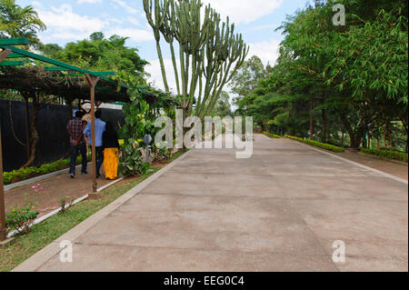Les visiteurs à marcher le long des fosses communes des victimes du génocide rwandais de 1994. Mémorial du Génocide de Kigali Centre. Le Rwanda. Banque D'Images