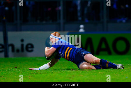 Dublin, Irlande. 17 Jan, 2015. European Rugby Champions Cup. Leinster contre Castres. Darragh Fanning (Leinster) plongées sur de marquer un essai. Credit : Action Plus Sport/Alamy Live News Banque D'Images